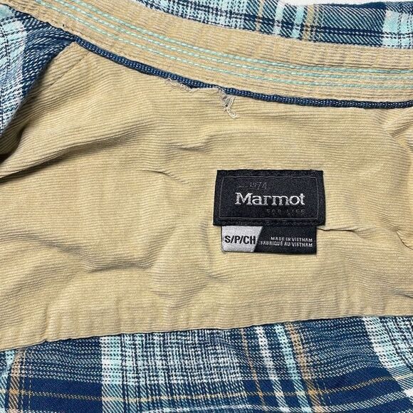Marmot Blue Plaid Flannel Shirt Sz Small Corduroy - Picture 8 of 10